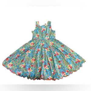 Girls Floral Blue Floral and Yellow Striped Reversible Ruffle Dress Size 10